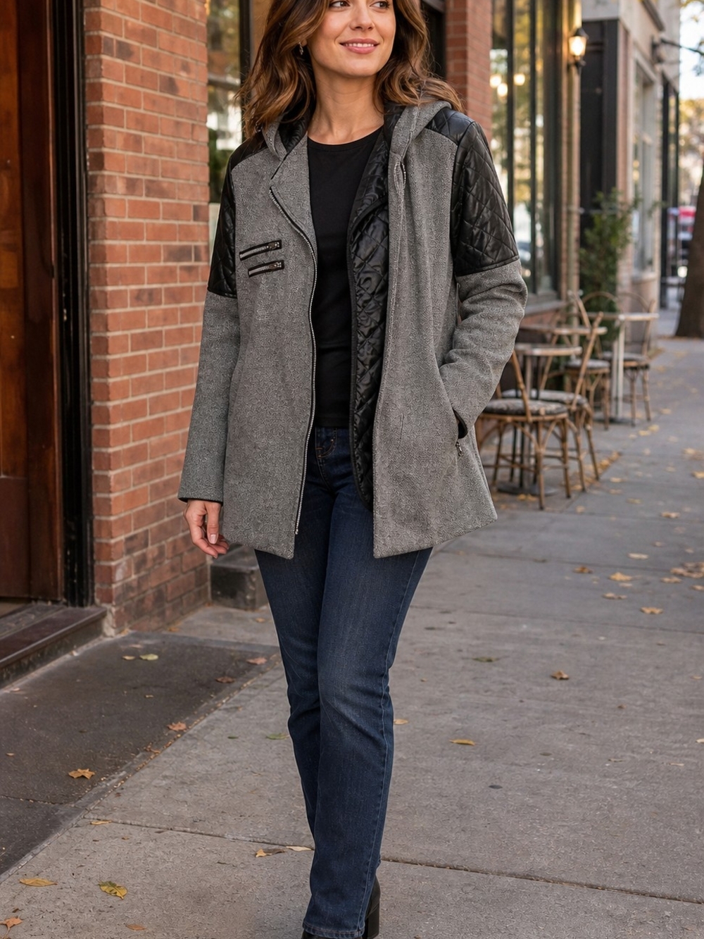 Women’s Gray Hooded Jacket with Quilted Black Accents